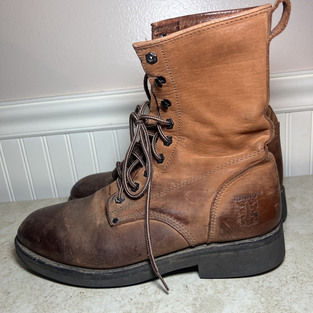 Rhino Work Boots Men's Size 12 Brown Leather High Top Utility Heavy Duty Lace Up